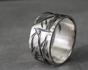 Textured Wide Band Ring – Sterling Silver Hand Carved Ring, Modern Unisex Statement Jewelry