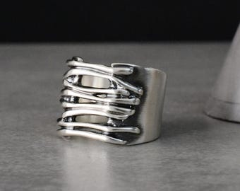 Sterling Silver Stitches Wide Band, Chunky Sculptural Bold Ring, Alternative Statement Jewelry
