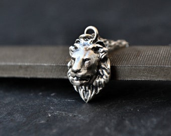 Lion Necklace Pendant, Sterling Silver Lion Head Jewelry, Mens Leo Zodiac Fire Emblem Jewelry