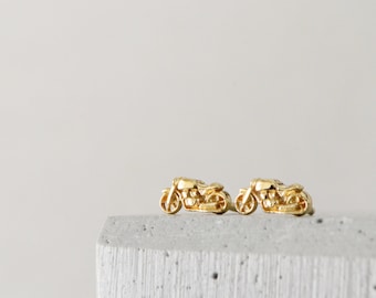 Tiny Motorcycle Stud Earrings 14K Solid Gold Motorcycle Racer Mens Jewelry Motorbike Gold Post Earrings
