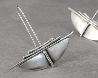 Artistic Sterling Silver Dangle Earrings – Modern Abstract Sculptural Earrings – Minimalist Statement Art Jewelry