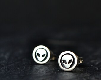 Alien Earrings, Alien Head Earrings Jewelry, UFO Flying Saucer Earrings, Sterling Silver Earrings, Area 51 Roswell