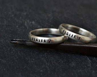 Couples Ring Set, Geek Nerd Wedding Engagement Band Ring, Alternative Promise Wedding Rings, Player 1 Player 2, 925 Sterling Silver