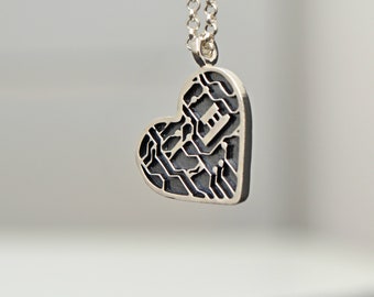 Science Heart Necklace, Tech Circuit Board Heart Necklace, Geek Electronic Heart Jewelry, 925 Sterling Silver Heart