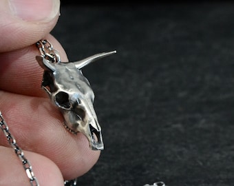 Sterling Silver Cow Skull Necklace, Cowboy Texas Jewelry