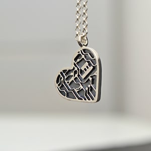 Science Heart Necklace, Tech Circuit Board Heart Necklace, Geek Electronic Heart Jewelry, 925 Sterling Silver Heart