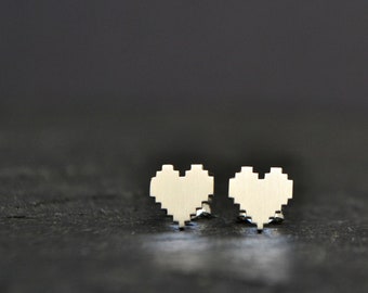 Geeky Nerdy Stud Earrings, 925 Sterling Silver Pixel Heart Earring, Zelda 8 Bit Digital Pixel Video Game Nintendo Jewelry