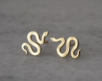14K Gold Snake Stud Earrings, Dainty Everyday Gothic Snake Earrings 14K Gold Jewelry