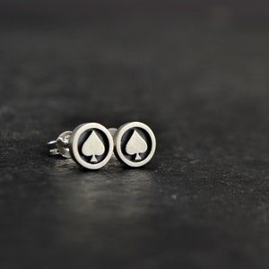 Ace Of Spades Earrings, Tiny Sterling Silver Ace Of Spades Jewelry, Circle Round Earrings