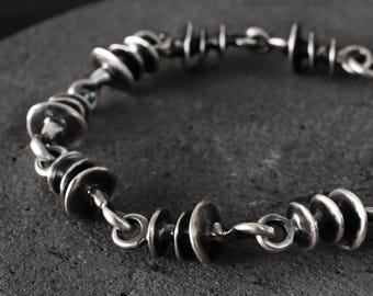 Artistic Sterling Silver Bracelet, Rustic Edgy Rounded Discs Link Bracelet, Modern Industrial Jewelry