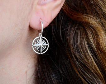 North Star Compass Hoop Earrings, 925 Silver Nautical Jewelry, Travel Earrings, Graduation Gift