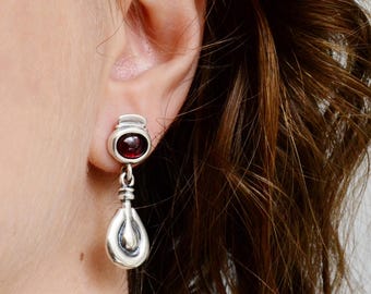 Sterling Silver Garnet Earrings, Teardrop Dangle Earrings, Artistic Sculptural Garnet Jewelry
