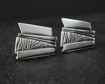 Sterling Silver Modern Cufflinks, Geometric Artisan Layered Cufflinks Men’s Minimalist Jewelry