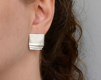 Chunky Geometric Square Stud Earrings | 925 Sterling Silver Bold Statement Jewelry | Sculptural Artistic Design
