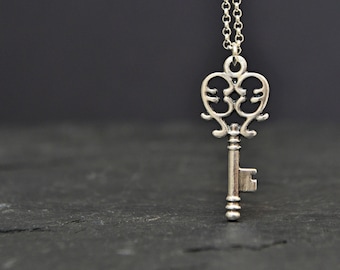 Sterling Silver Key Necklace, Antique Skeleton Gothic Key Necklace, Victorian Key Heart Filigree Jewelry, Layering Necklace