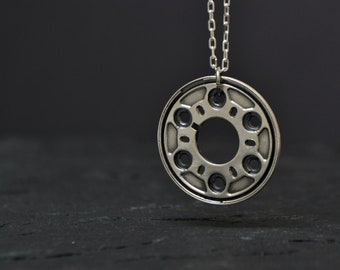 Geometric Steampunk Sterling Silver Necklace, Industrial Sci Fi Pendant