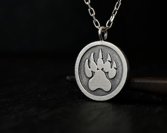 Sterling Silver Bear Paw Print Necklace, Forest Wildlife Jewelry