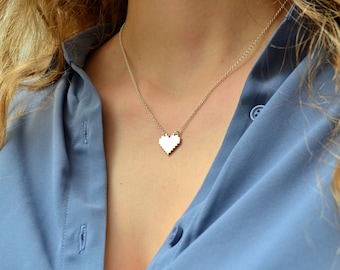 Pixel Heart Necklace, 8 Bit Pixel Heart 925 Silver Necklace, Cute Geeky Nerdy Jewelry, Video Game Nintendo Jewelry