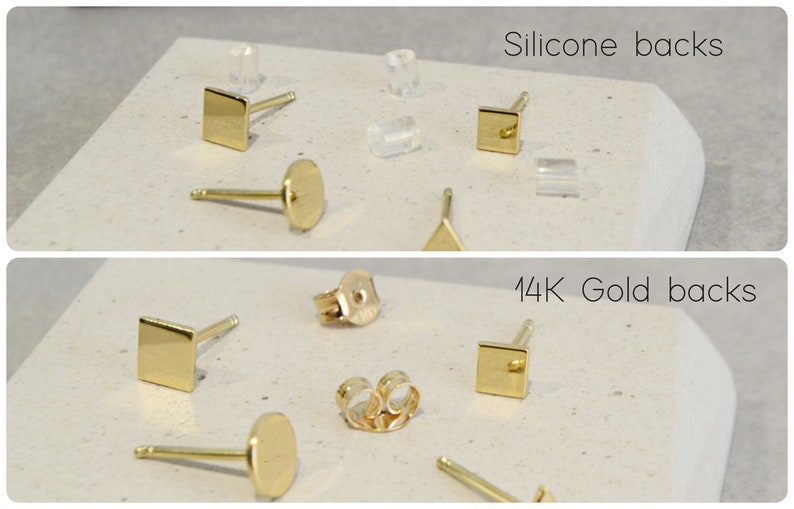 May include: A close-up of earring backs in two styles: silicone and 14K gold. The silicone backs are clear and come in a variety of shapes, including square, round, and triangular. The 14K gold backs are also available in square and round shapes.