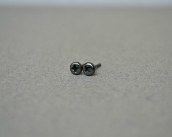 Black Rustic Screw Stud Earrings, Unisex Edgy Stud Earrings, Steampunk Mens Jewelry, Oxidized 925 Sterling Silver Earrings