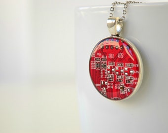Red Circuit Board Geekery Necklace, Industrial Computer Part Jewelry