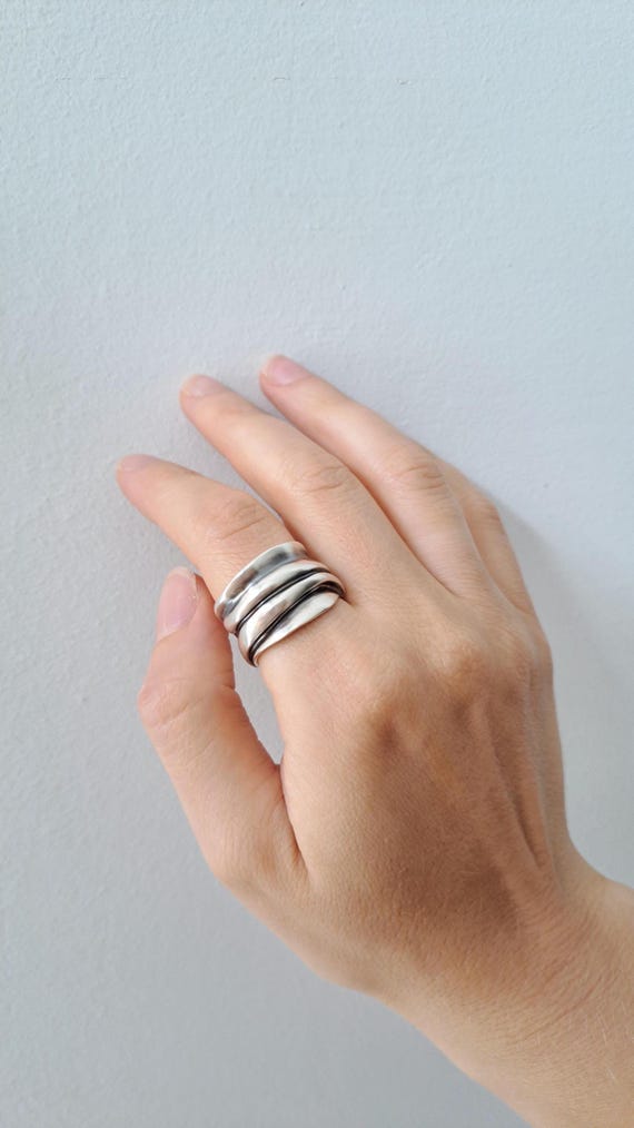 Bold Wide Band Ring, 925 Silver Alternative Sculptural Wave Ring 