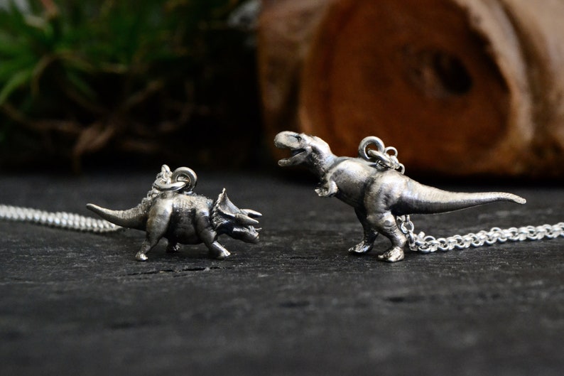 Może przedstawiać: Dwa srebrne zawieszki z dinozaurami na łańcuszkach. Większy zawieszka to Tyrannosaurus Rex, a mniejszy to Triceratops.