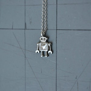 Tiny Robot Necklace, 925 Sterling Silver Cute Heart Robot Necklace, Geek Sci Fi Robot Jewelry