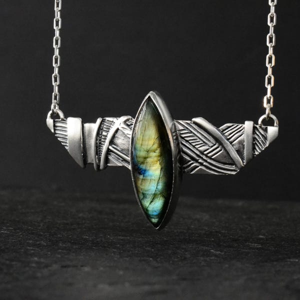 Artistic Statement Labradorite Necklace – Sterling Silver Sculptural Abstract Boho Jewelry