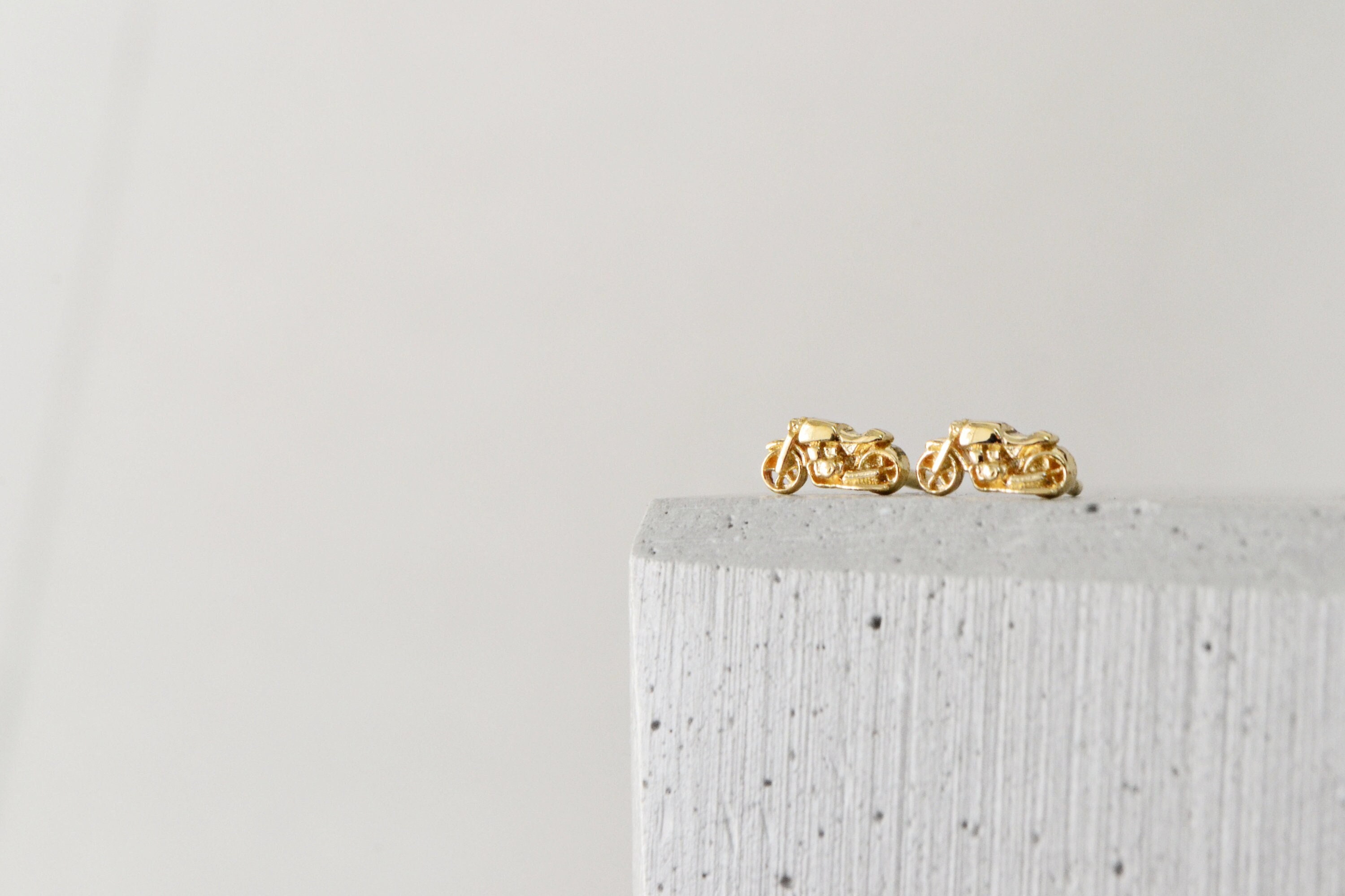 Tiny Motorcycle Stud Earrings 14K Solid Gold Motorcycle Racer Mens Jewelry Motorbike Gold Post Earrings