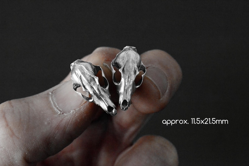 May include: Two silver animal skull earrings, each approximately 11.5x21.5mm in size.