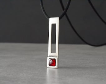 Garnet Geometric 925 Silver Necklace, Asymmetric Rectangle Long Bar Pendant, Square Gemstone Necklace