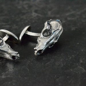 May include: A pair of silver cufflinks shaped like animal skulls. The cufflinks are detailed and realistic, with visible teeth and eye sockets.