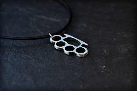 925 Sterling Silver Brass Knuckles Necklace, Knuckle Duster Mens Biker Jewelry, Punk Rock Motorcycle Badass Jewelry