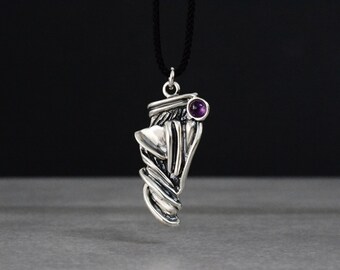 Tribal Amethyst Necklace in Sterling Silver – Sculptural Abstract Pendant, Handmade Artisan Boho Jewelry