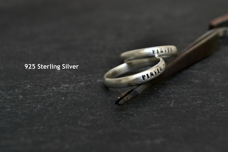 Couples Ring Set, Geek Nerd Wedding Engagement Band Ring, Alternative Promise Wedding Rings, Player 1 Player 2, 925 Sterling Silver image 3