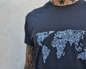 Abstract Computer World Map T-Shirt Unisex Geek Nerd Travel T Shirt Silkscreen Hand Printed