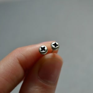 Tiny Screw Stud Earrings, Mens Geeky Stud Earrings, Steampunk Industrial Mens Jewelry, 925 Sterling Silver Earrings