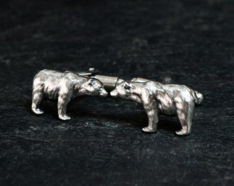 Bear Cufflinks 925 Silver Mens Suit Accessories Animal Forest Wildlife Grizzly Bear Cuff Links Groomsmen Daddy Gift