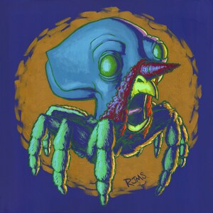 May include: A blue and green creature with a chicken head and spider legs. The creature is screaming with its mouth open and has a red and purple beak. The creature is set against a gold background with a blue border.