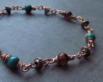 Gemstone Bracelet Copper Wire Wrapped Chain Link Beaded Blue Magnesite Red Agate Womens Jewelry Gift
