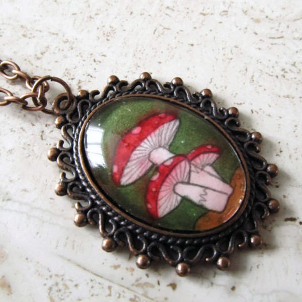 Mushroom Necklace Pendant Nature Jewelry Hand Painted Fairy Art Cameo Fly Agaric Shrooms Red and White