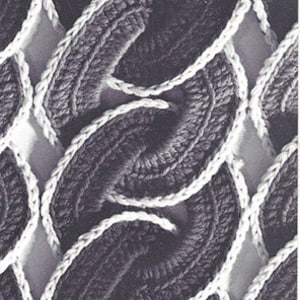 May include: A close-up of a crocheted fabric with a repeating pattern of interlocking loops. The fabric is made with two colors of yarn: a dark gray and a lighter gray.