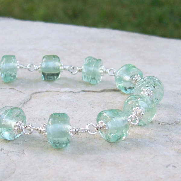 Handmade Pale Green Recycled/Upcycled Vintage Coke Bottle Glass Nugget Beads Sterling Silver Bracelet (Adjustable Size, Ready to Ship)