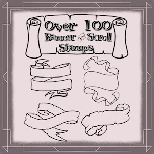 May include: Over 100 banner and scroll stamps.  A set of black and white line art illustrations of banners and scrolls.  The illustrations are in a vintage style.