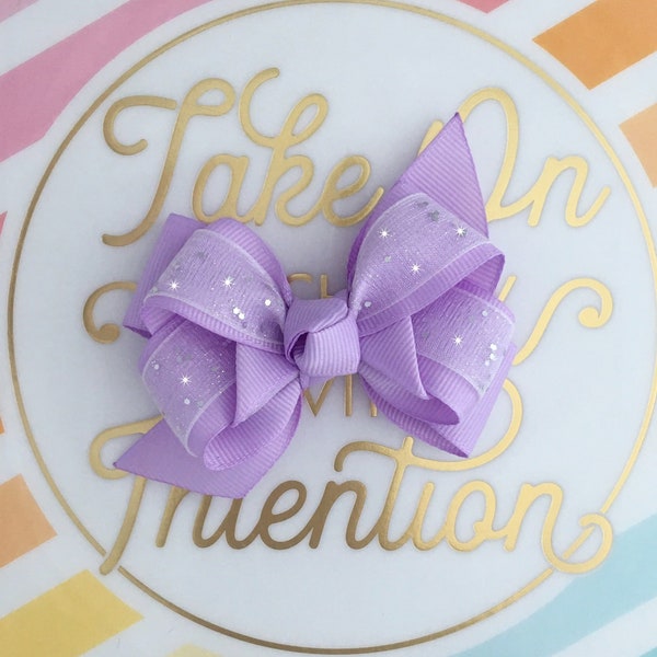 Lavender Purple and Glitter Small Boutique Hair Bows For Girls With Alligator Clip Or Ponytail Holder Ties