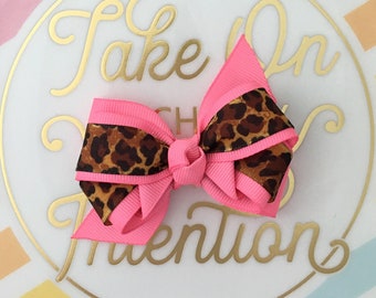 Hot Pink and Leopard Animal Print Small Boutique Hair Bows For Girls With Alligator Clip Or Ponytail Holder Ties