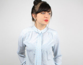 70's Vintage Woman's Shirt with Tie, Collared Blue Button Up Blouse by The Villager