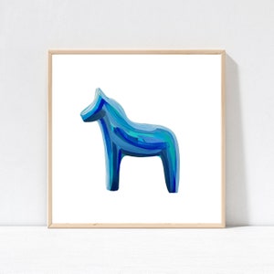 Dala Horse - Fine Art Print- Modern Scandinavian Blue Dala Abstract Print - Norway - Mid Century Modern