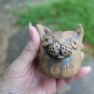 May include: A handmade ceramic cat-shaped planter. The planter is a light brown color with dark brown details, including the eyes and whiskers. The eyes are textured with small holes. The ears are pointed, and the overall design is whimsical.